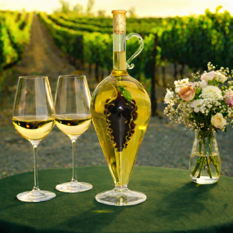 Jarro decorativo com cacho de uvas interior cheio de vinho tinto (0,5 l)