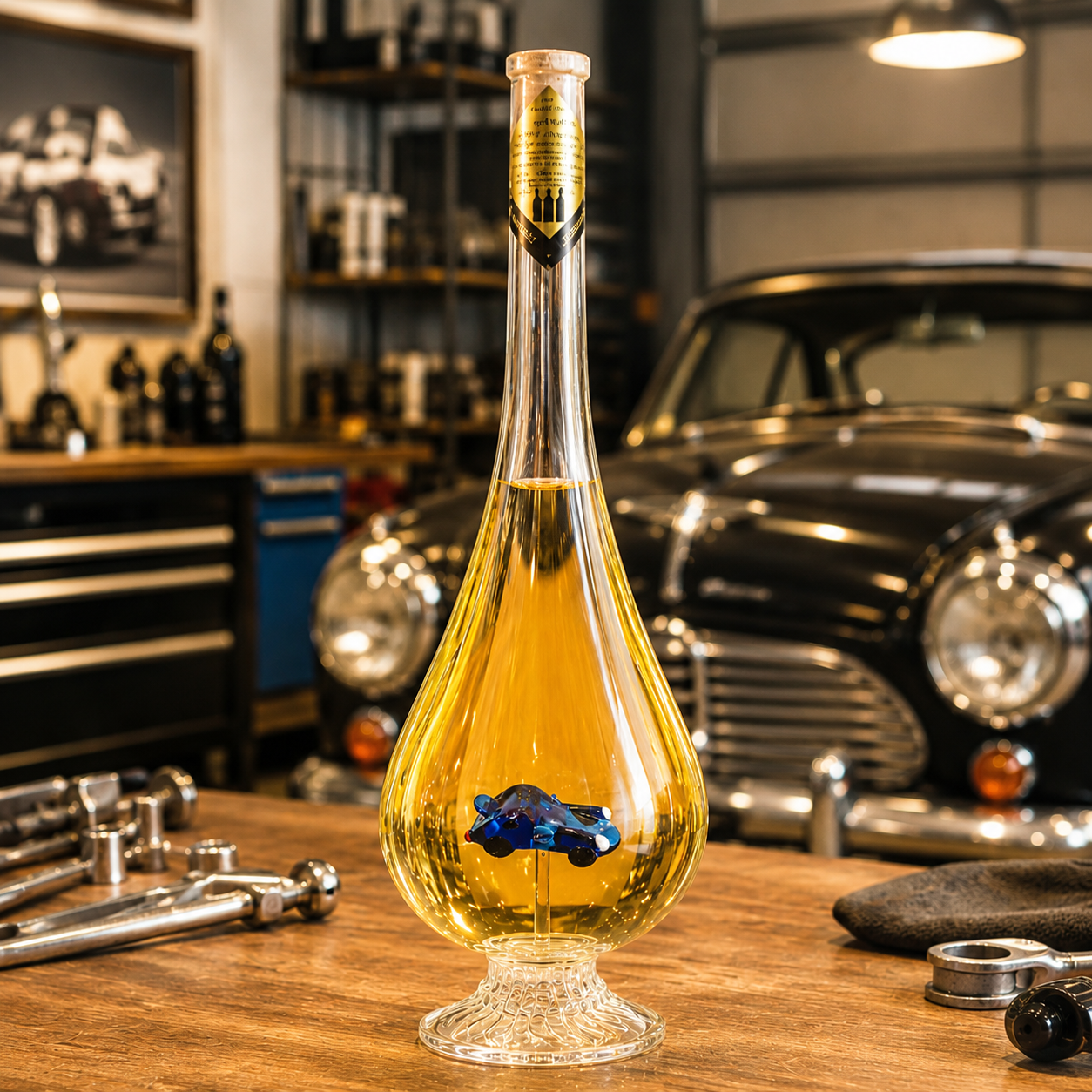 Garrafa decorativa em forma de gota com um Porsche no interior (0,5 l)